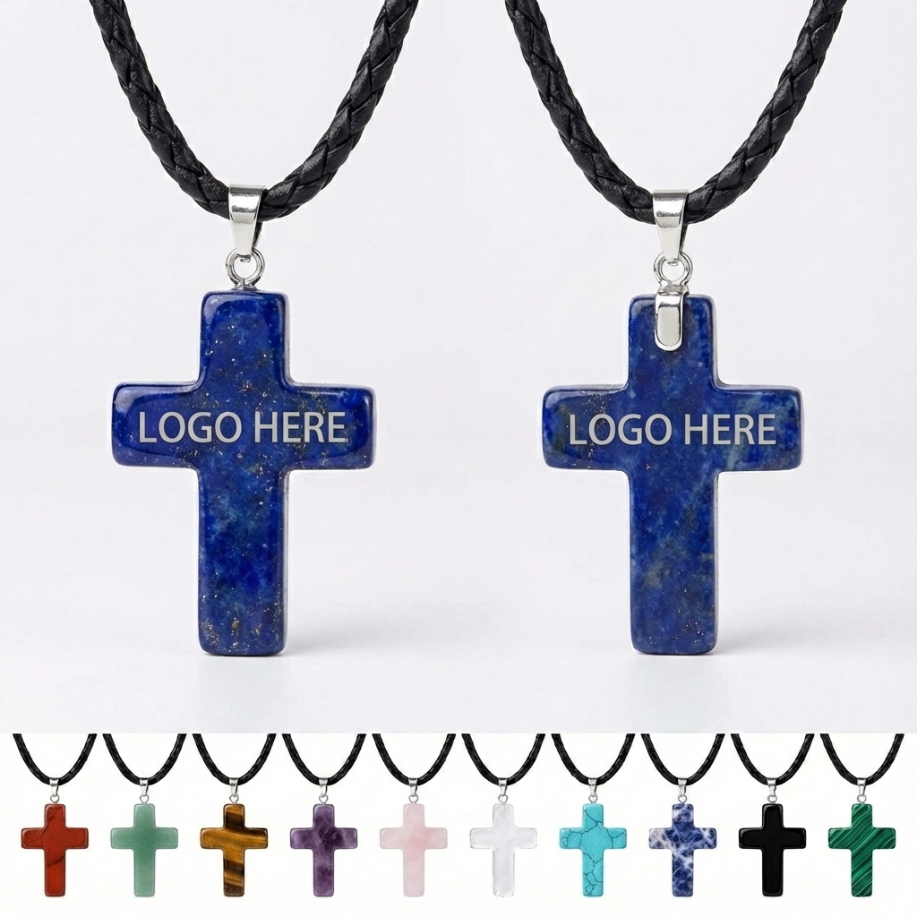 Smooth-Edged Gemstone Cross on Adjustable Black Cord