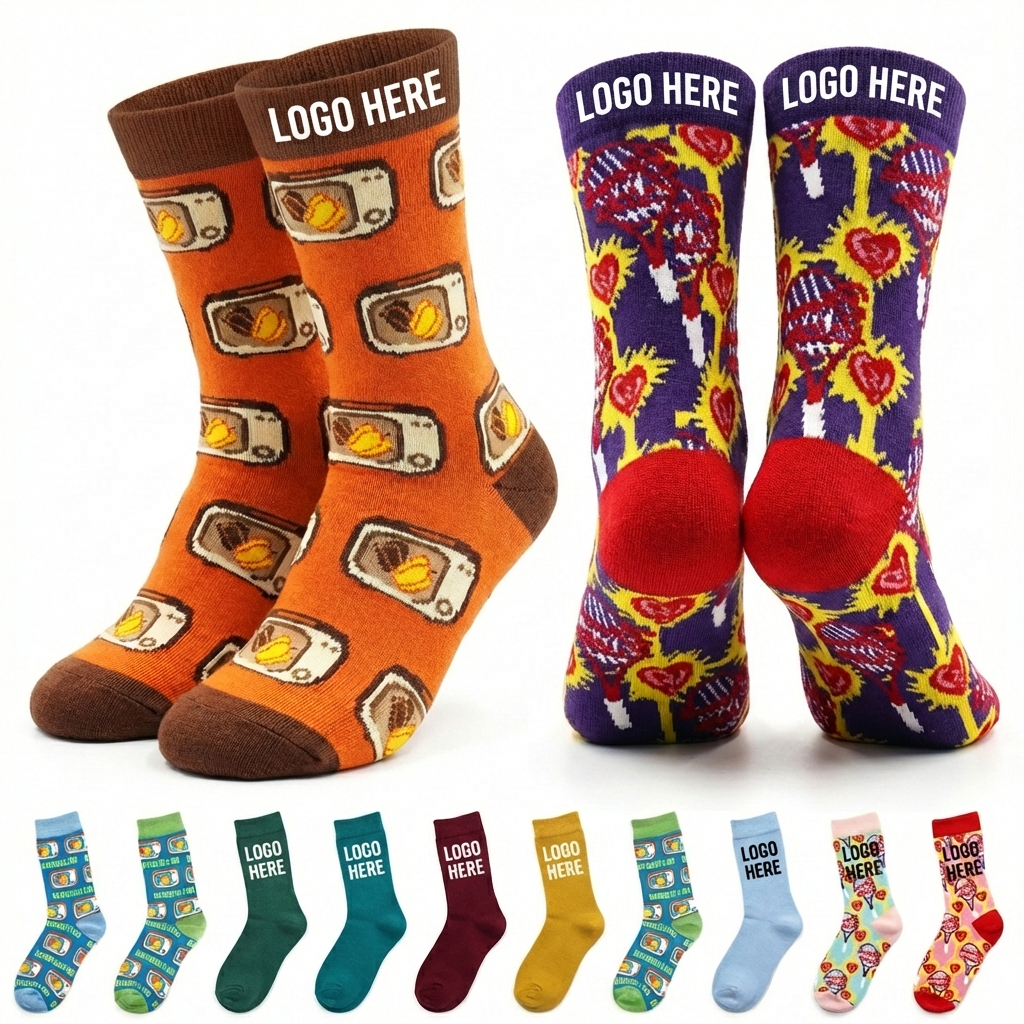 Playful Pattern & Solid Color Crew Socks - Vibrant & Snug Fit